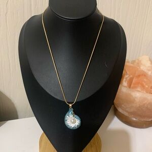 Vintage Gold-Tone Necklace with Teal Swirl Pendant and Pearl